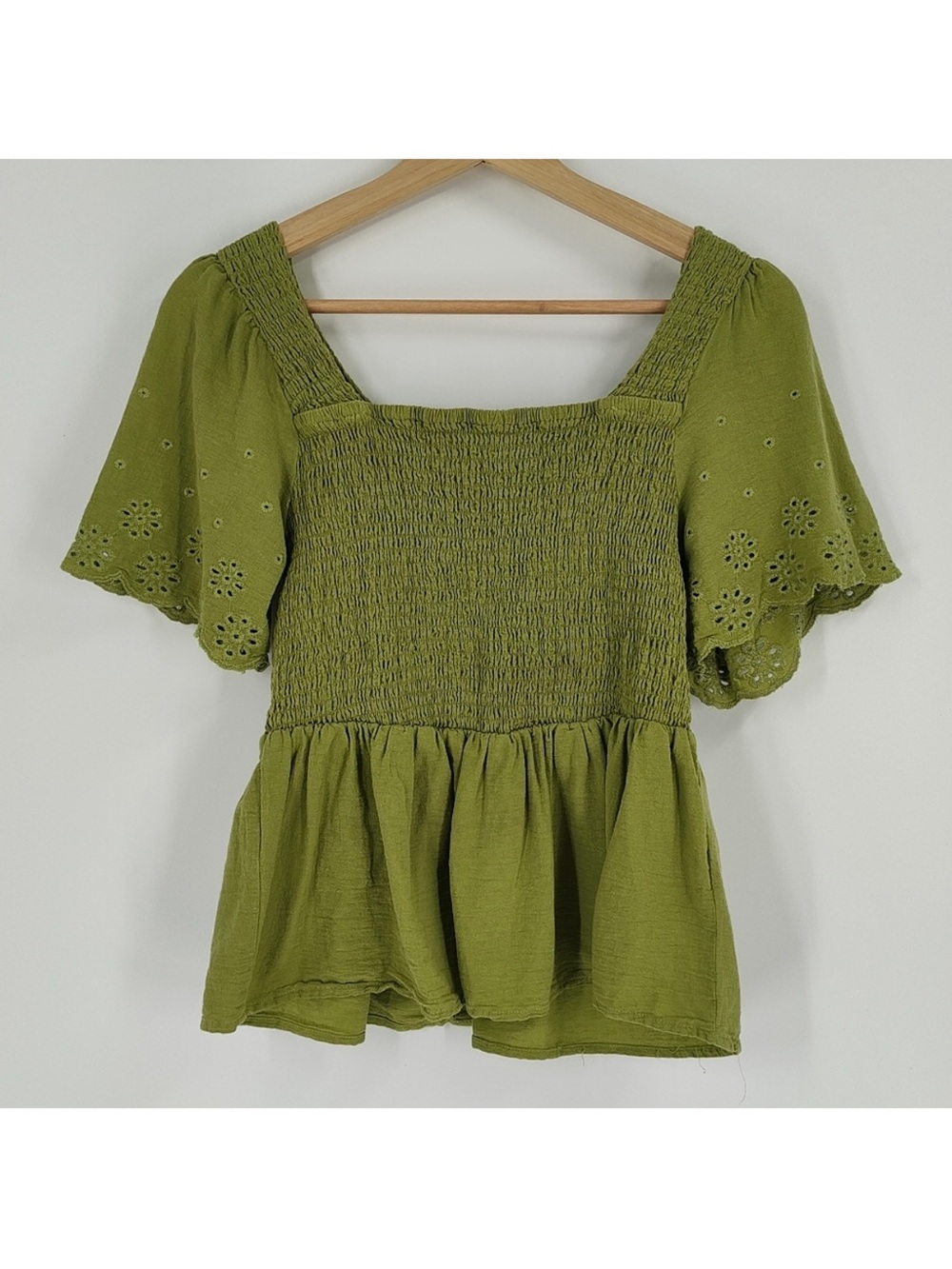 Bootlegger Green Square-Neck Peplum Smocked Top